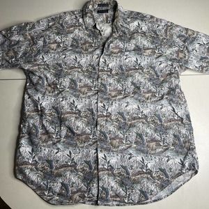 Men Sz L Ducks Unlimited Short Sleeve Shirt Hunt Ducks All Over Print Swamp Vtg
